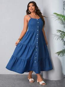 SHEIN Clasi Plus Size Women'S Denim Spaghetti Strap Dress With Ruffle Hem Milkmaid Dress  Autumn Outfits For Women Festival Outfits Sundress  Beach Vacation Outfits Boho Bohemia Elegant Outfit