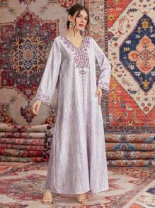 Al Najma 女士植物刺绣长袖阿拉伯连衣裙 - 彩色 - 查看 3