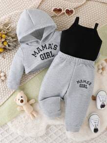 Baby Mädchen Casual Sportlich Hoodie, Tank Top Und Hose Set Mit Minimalistischem Buchstaben-druck-design, Frühling Und Herbst