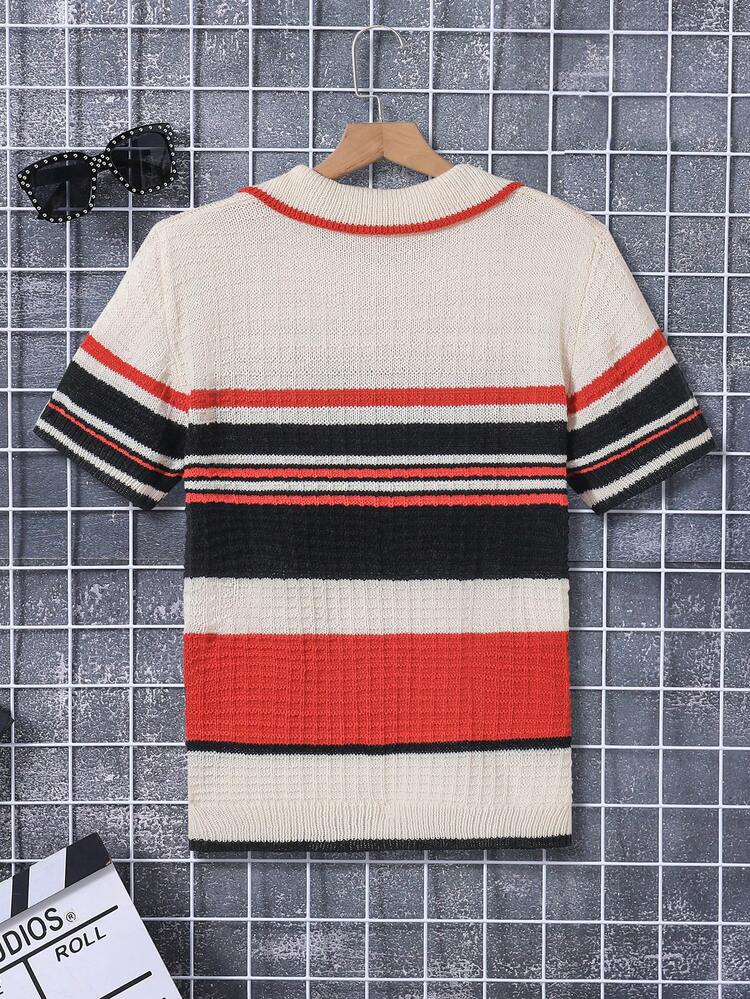 Teen Boy's Striped Short Sleeve Polo Collar Sweater