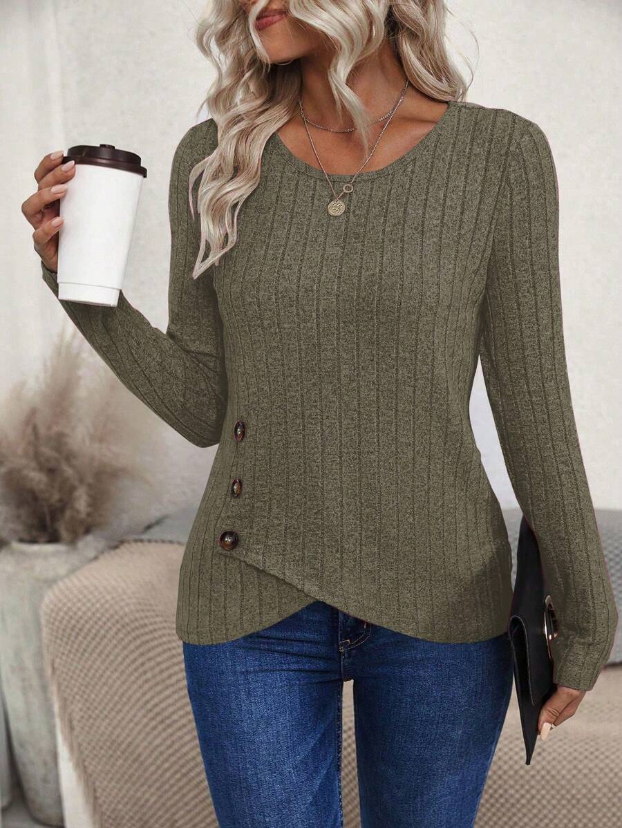 EMERY ROSE Women's Asymmetrical Hem Ribbed Tee Fall Cloth For Women - Green - View 1