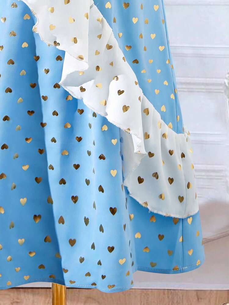 Young Girl's Blue & White Heart Printed Puffy Tank Dress With Gold Foil Detail