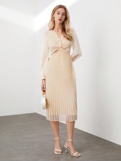 Women'S Lantern Sleeve Twisted Knot Pleated Hem Dress