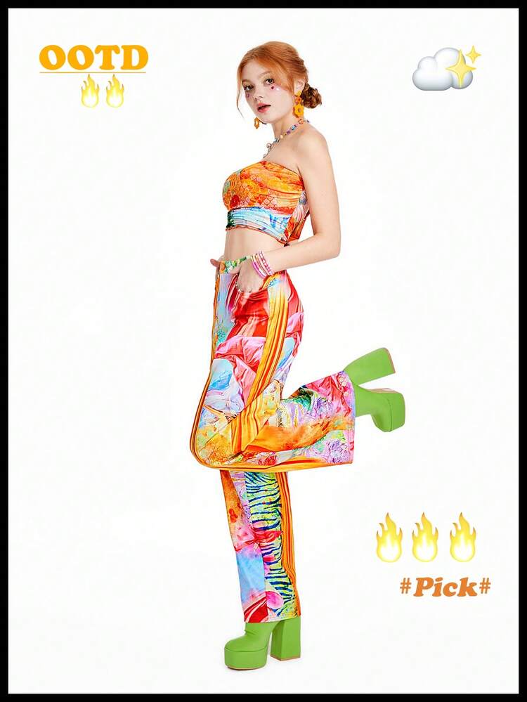 Kidcore Dopamine  Cartoon Graphic Oil Painting Retro Print Two-Piece Outfit