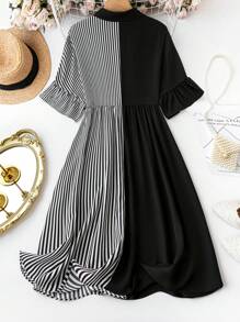 SHEIN Clasi فستان قميص مخطط للنساء بمقاس كبير، صيفي - الأسود - مشاهدة 2