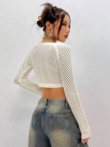 Flirla 女士镂空插肩袖长袖短款针织套头衫秋冬毛衣 - 杏色 - 查看 2