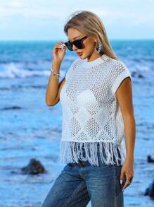 Zolique Knitted Sweater Vest With Tassel Hollow Out Hem