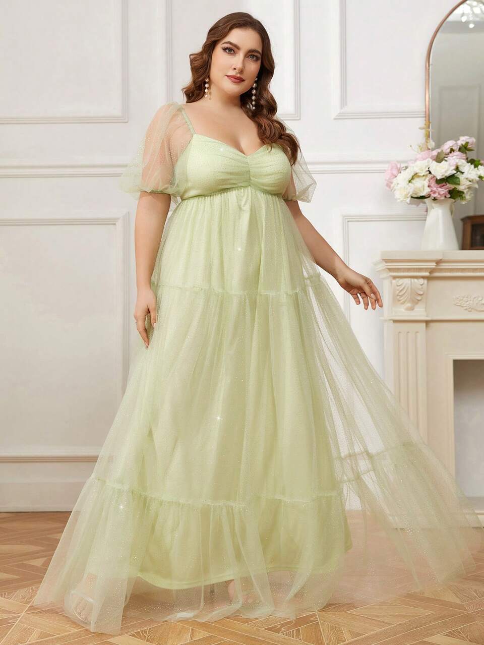 Plus Size Women's Sage Green Gold And Silver Mesh Babydoll Dress Princess Short Sleeve Sweetheart Neck Wedding Dress Guest Formal Dress Bridesmaid