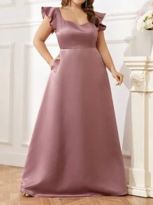 SHEIN Belle 纯色简约大码伴娘礼服优雅正式晚会舞会婚礼宾客礼服，适合毕业典礼、晚宴派对礼服 - 藕粉色 - 查看 4