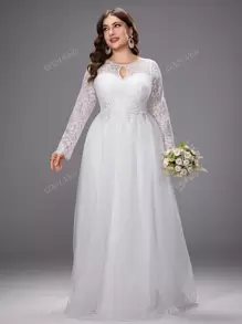 UNITHORSE Plus Size Women'S Elegant Lace Flowers Long Sleeve Mesh Wedding Dress With Gorgeous Dress, All White Party Outfit Women