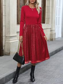 SHEIN Clasi Women's Sparkle Patchwork Dress - Red - View 1