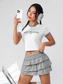 SHEIN EZwear 女士字母印花短袖T恤和荷葉邊裙子二件套裝 - 彩色 - 查看 6