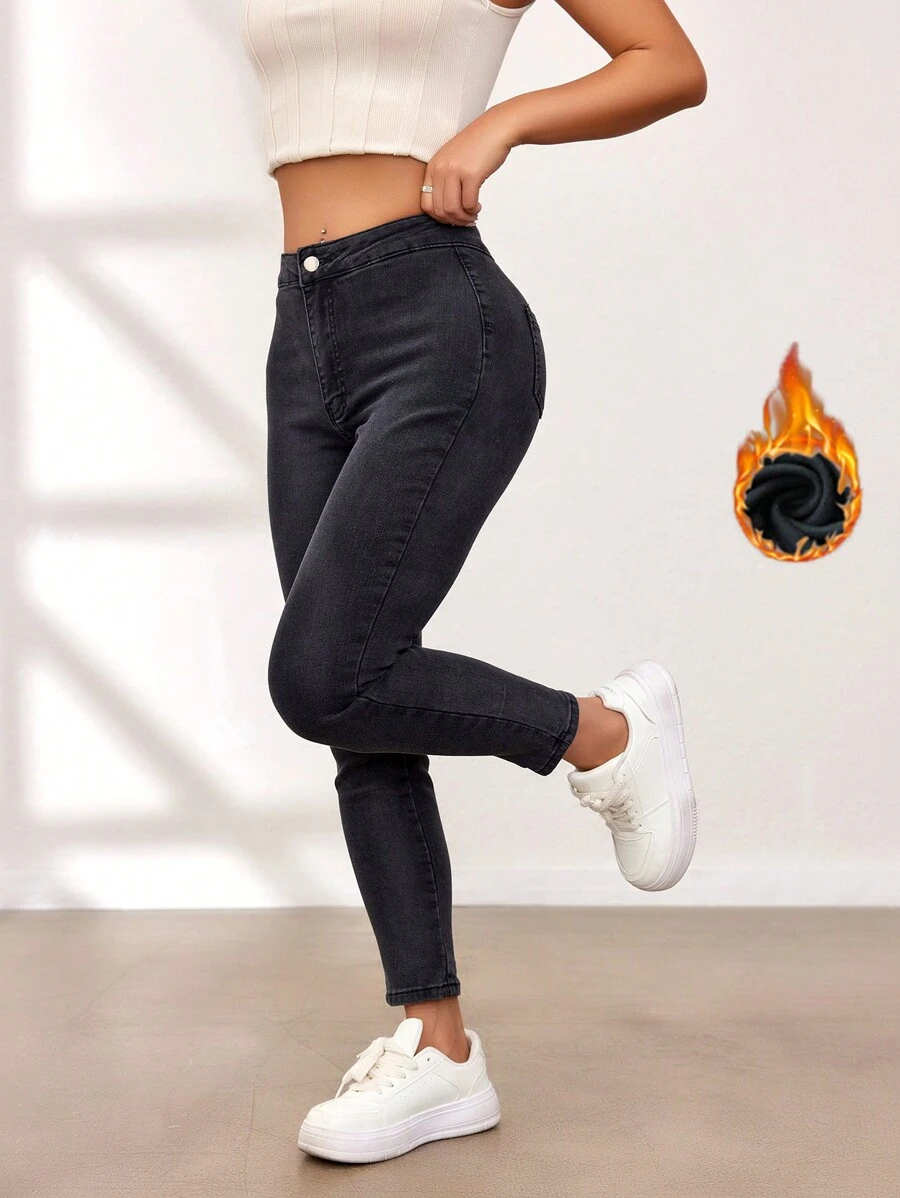 SHEIN EZwear Women's Solid Color Thermal Lined Thermal Jeans Thickened Denim - Black - View 1