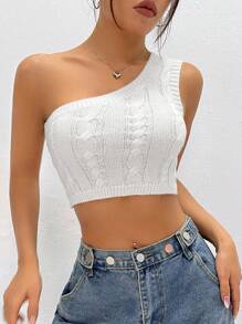 Flirla 女士单肩无袖针织短款上衣 - 白色 - 查看 2