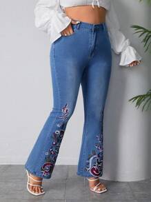 SHEIN LUNE 大尺碼花卉刺繡喇叭牛仔褲 - 藍色 - 查看 4