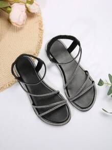 Flat Sandals For Women, Roman Style With Rhinestones, Elastic Strap, Metal Circle Toe Ring Valentines