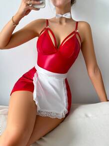 SHEIN 女性性感蕾絲裝飾pu皮革內衣套裝 - 紅色 - 查看 1