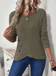 EMERY ROSE Women's Asymmetrical Hem Ribbed Tee Fall Cloth For Women - Green - View 5