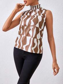 SHEIN Privé Của phụ nữ Họa tiết Hình học Cổ giả Nếp uốn Áo không tay - màu nâu - Xem 4
