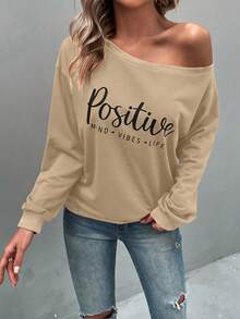 SHEIN LUNE 標語圖案落肩袖運動衫 - 杏色 - 查看 3