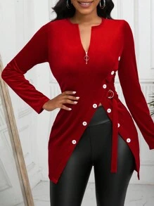 SHEIN Lady 半拉鍊閉合的鈕扣裝飾側開叉下擺t恤衫