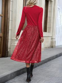 SHEIN Clasi Women's Sparkle Patchwork Dress - Red - View 2