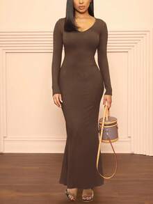 Women's Solid Color Crew Neck Fish Tail Hem Dress - Coffee - View 3