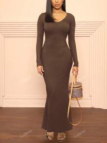 Women's Solid Color Crew Neck Fish Tail Hem Dress