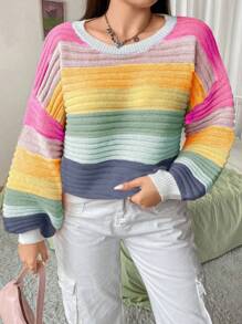 SHEIN MOOSTA Plus Size Rainbow Striped Long Sleeve Pullover Sweater - Multicolor - View 1