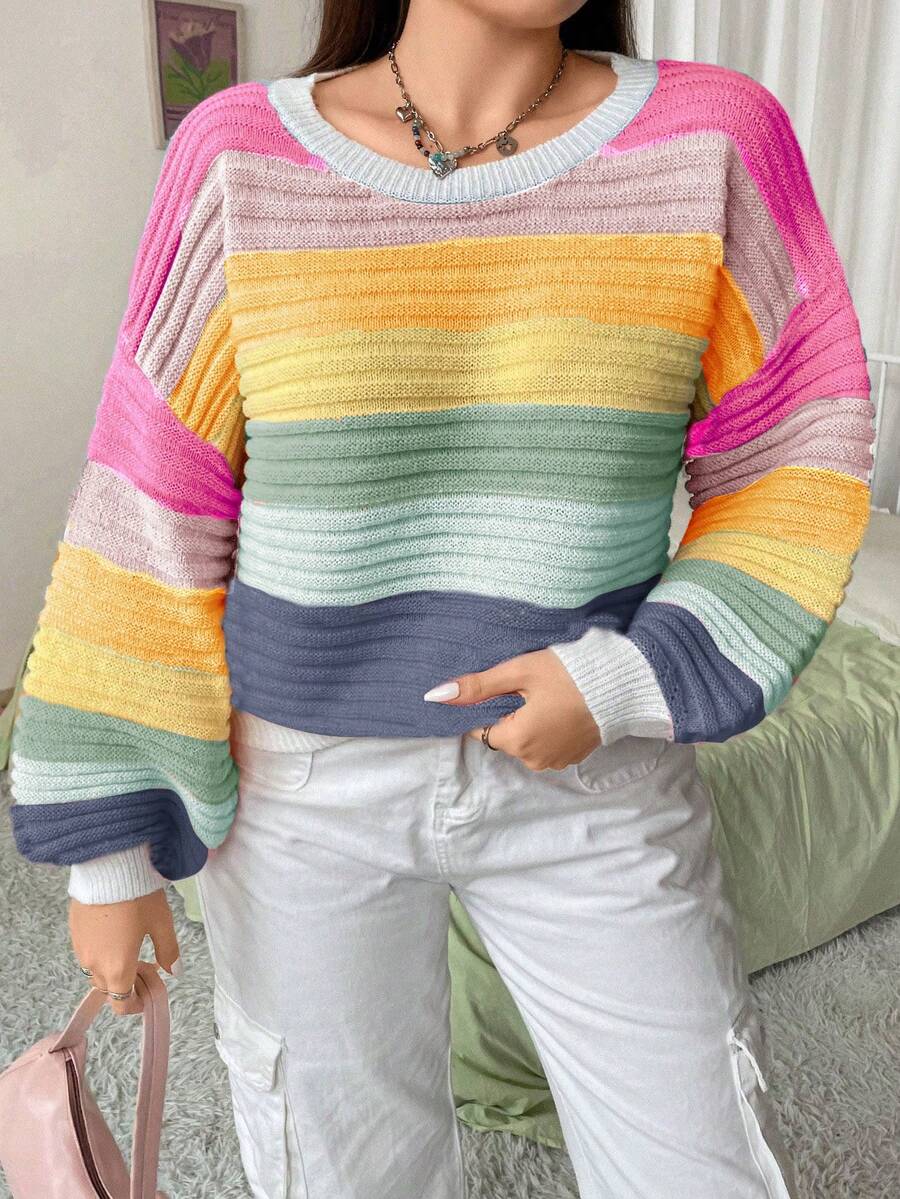 SHEIN MOOSTA Plus Size Rainbow Striped Long Sleeve Pullover Sweater - Multicolor - View 1