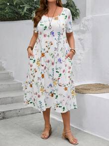 EMERY ROSE Plus Size Women's Casual Floral Print Natural Loose Short Sleeve A-Line Dress With Side Pockets For Spring For Summer,Beach Dress Sundress,Holiday Outfits Boho