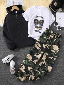 SHEIN Explorewe 少女印花短袖t恤+拉鍊夾克+迷彩褲套裝 - 黑色 - 查看 1