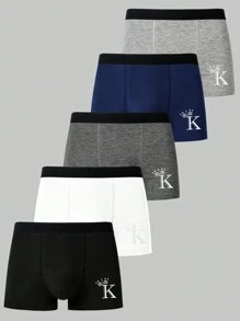 Men'S Letter & Crown Printed Boxer Briefs (5pcs/Set)