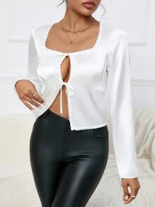 Aveloria Women'S Long Sleeve Lace Panel Tie Detail Shirt Fall Cloth For Women