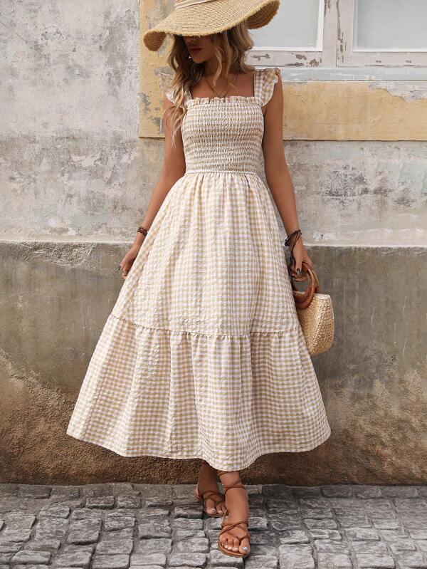 Breezaya Women's Plaid Short Cap Sleeve Dress Maxi Vacation Beach Outfit