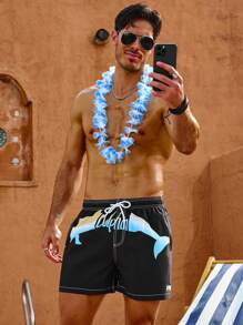 Surfspeed Men'S Dolphin & Letter Pattern Drawstring Waist Beach Shorts - Black - View 5