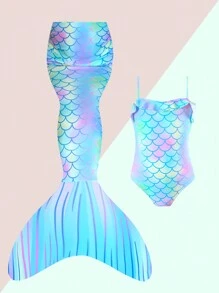 少女一件式泳衣,美人魚尾巴設計,魚鱗花紋,荷葉邊,春夏沙灘服