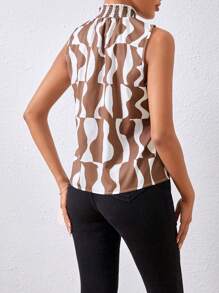SHEIN Privé Của phụ nữ Họa tiết Hình học Cổ giả Nếp uốn Áo không tay - màu nâu - Xem 2