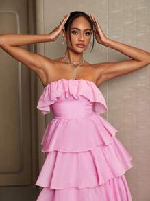 SHEIN Belle Của phụ nữ Ruffle Tối Váy ống Đối với Tiệc cốc tai - Hồng - Xem 6