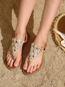 Styleloop Giày sandal đế mềm thời trang mùa xuân và mùa hè cho nữ, mũi tròn, đính đá, trang trí, hở ngón, đế bằng mềm mại, thoải mái - màu nâu - Xem 1