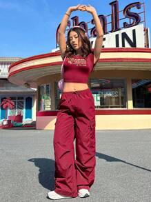 SHEIN EZwear Của phụ nữ In Khẩu hiệu Áo Và Quần Cargo Bộ - Đỏ - Xem 1