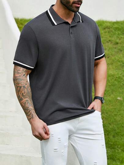 SHEIN Manfinity Homme Men's Plus Size Striped Short Sleeve Polo Shirt, Golf Collar Shirt