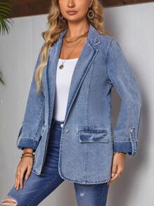 SHEIN LUNE Giacca In Denim Con Maniche Risvoltate E Colletto Rovesciato