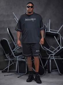 Manfinity LEGND Loose Men's Plus Contrast Piping Letter Printed Drop Shoulder T-Shirt And Shorts Two-Piece Set - Black - View 5