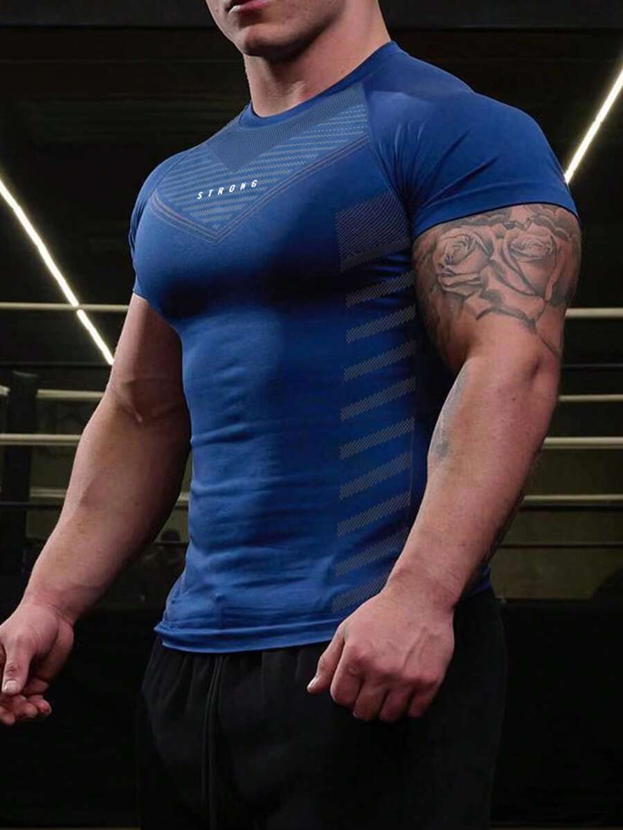 GymBeat 男友风格男士字母图案运动 T 恤健身上衣健身上衣健身上衣压缩衬衫透气修身衬衫海军蓝圆领 - 藍色 - 查看 1
