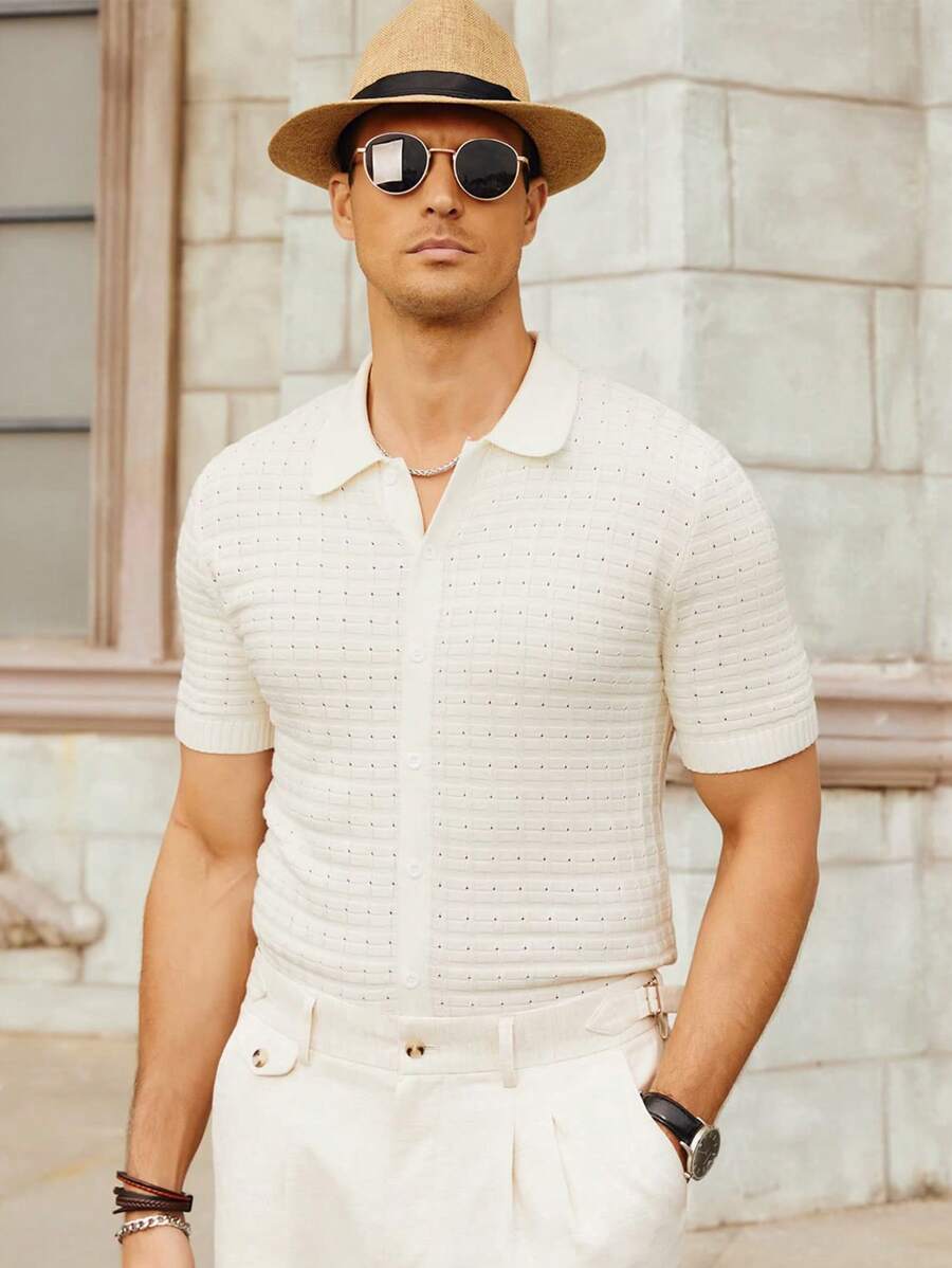 NITAGUT Men'S Casual Solid Color Knitted Short Sleeve Crochet Shirt With Buttons - White - View 1