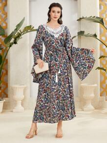 Seusyu 女士花卉印花波浪袖阿拉伯風格連衣裙 - 彩色 - 查看 3