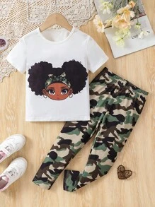 SHEIN Young Girls' Cartoon Character Printed T-Shirt And Pants Two Pieces Set - Pink - View 1