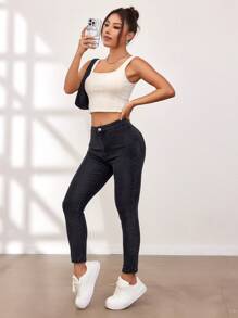 SHEIN EZwear Women's Solid Color Thermal Lined Thermal Jeans Thickened Denim - Black - View 3