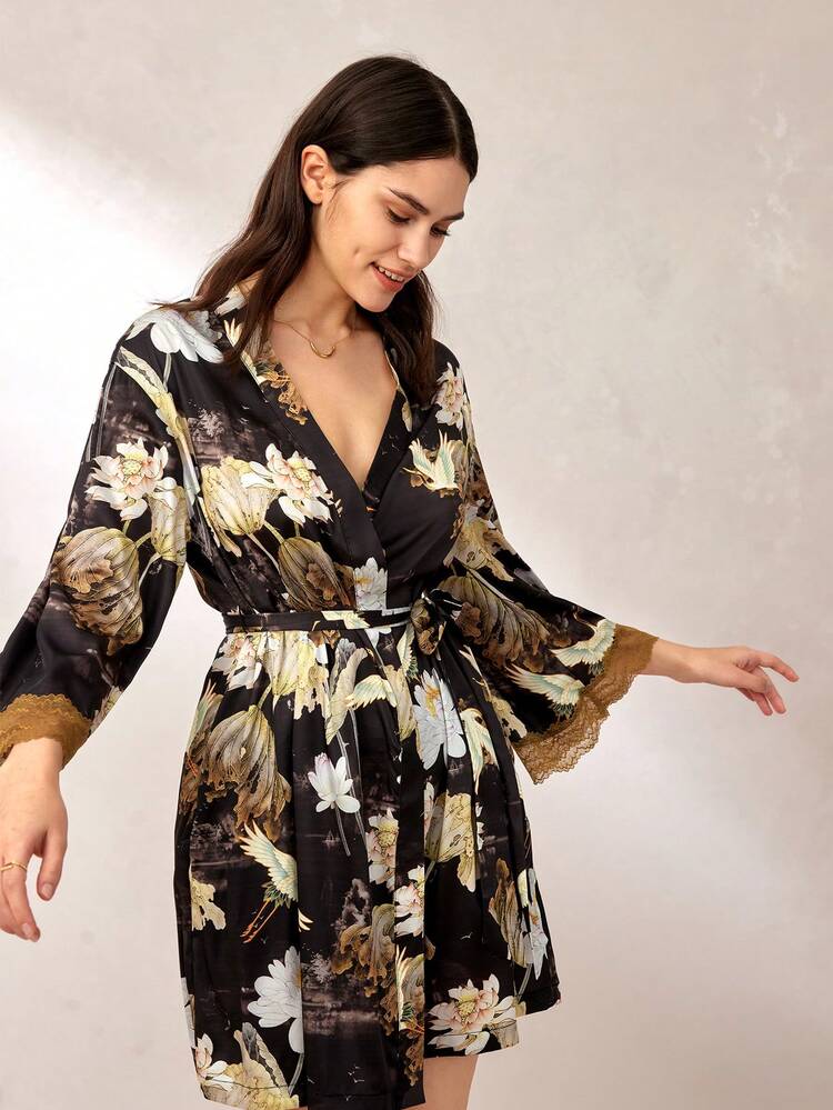 Retro Lotus Print Satin With Lace Women Robe Pijamas Bathrobe Night Gown